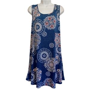 SJS Dress Medium Blue Floral Geometric Print Sleeveless Stretchy Shift Mini